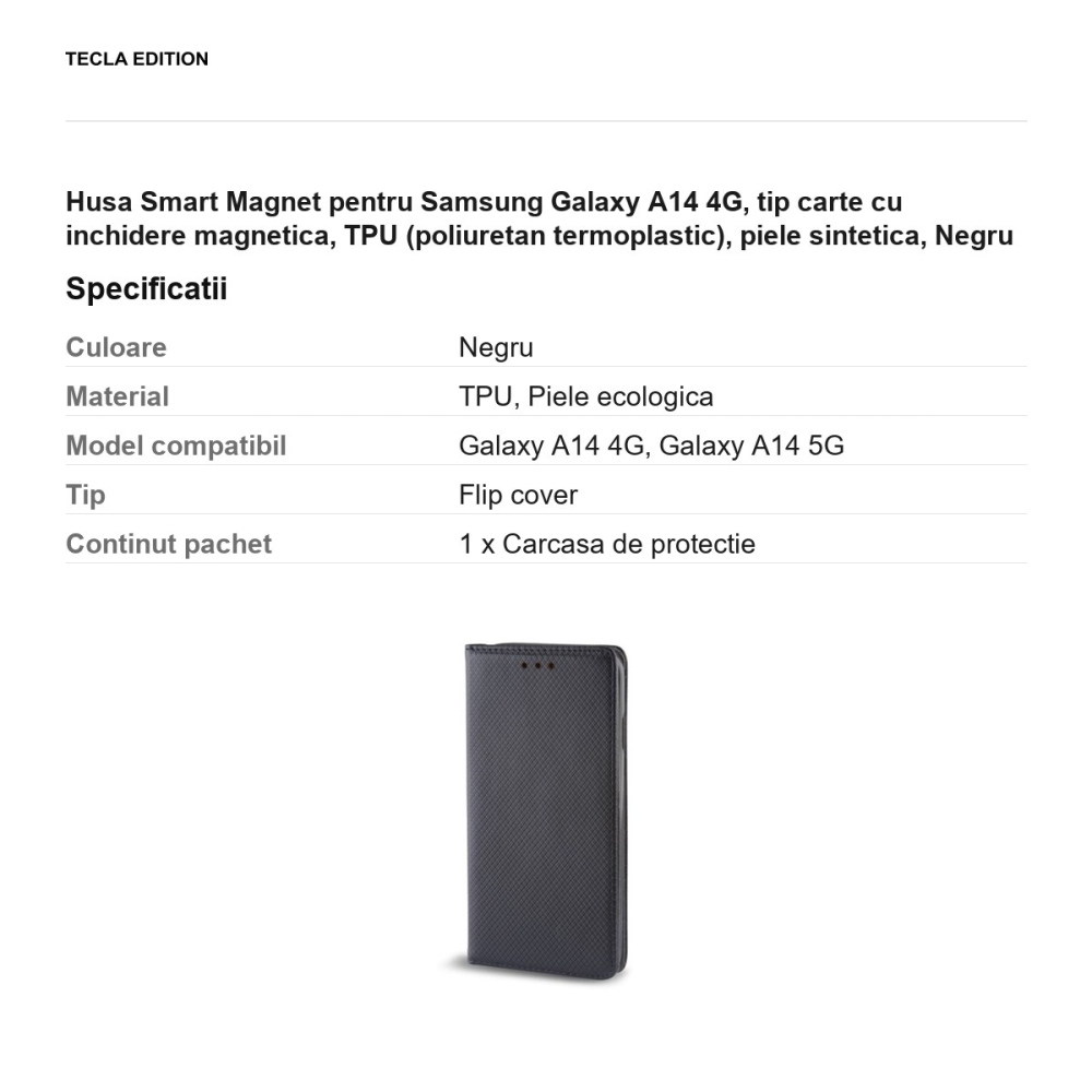 Husa Smart Magnet pentru Samsung Galaxy A14 4G, tip carte cu inchidere magnetica, TPU (poliuretan termoplastic), piele sintetica, Negru [3]