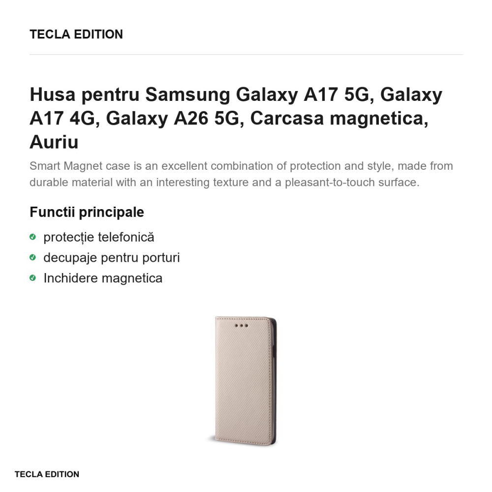 Husa Smart Magnet pentru Samsung Galaxy A17 5G, Galaxy A17 4G, Galaxy A26 5G, tip carte cu inchidere magnetica, Auriu [2]