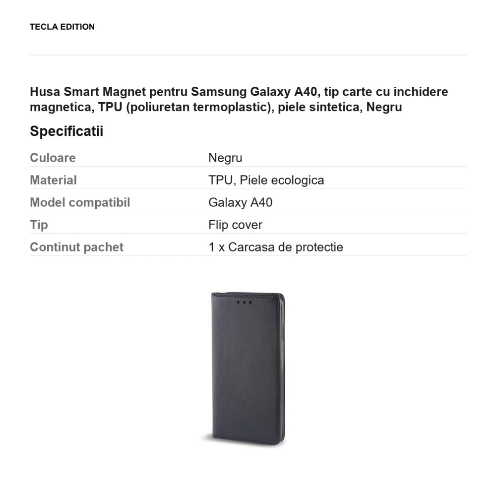 Husa Smart Magnet pentru Samsung Galaxy A40, tip carte cu inchidere magnetica, TPU (poliuretan termoplastic), piele sintetica, Negru [3]