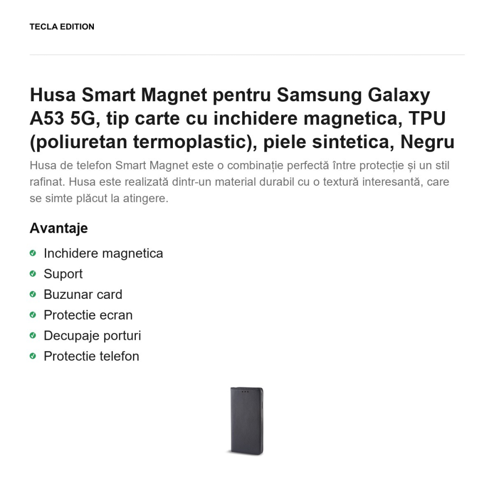 Husa Smart Magnet pentru Samsung Galaxy A53 5G, tip carte cu inchidere magnetica, TPU (poliuretan termoplastic), piele sintetica, Negru [2]