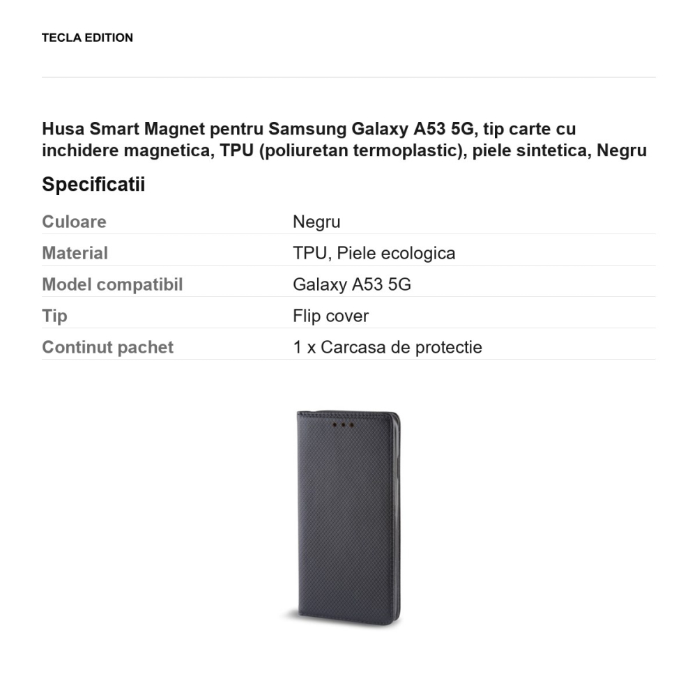 Husa Smart Magnet pentru Samsung Galaxy A53 5G, tip carte cu inchidere magnetica, TPU (poliuretan termoplastic), piele sintetica, Negru [3]