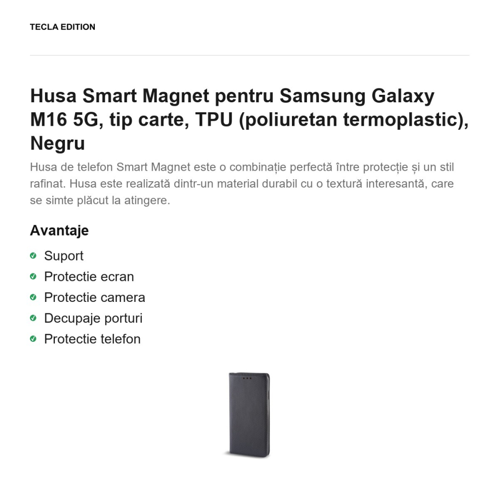 Husa Smart Magnet pentru Samsung Galaxy M16 5G, tip carte, TPU (poliuretan termoplastic), Negru [2]
