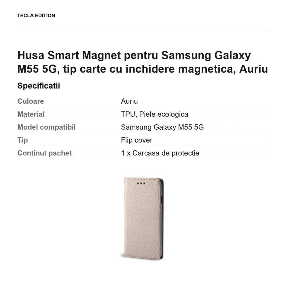 Husa Smart Magnet pentru Samsung Galaxy M55 5G, tip carte cu inchidere magnetica, Auriu [3]