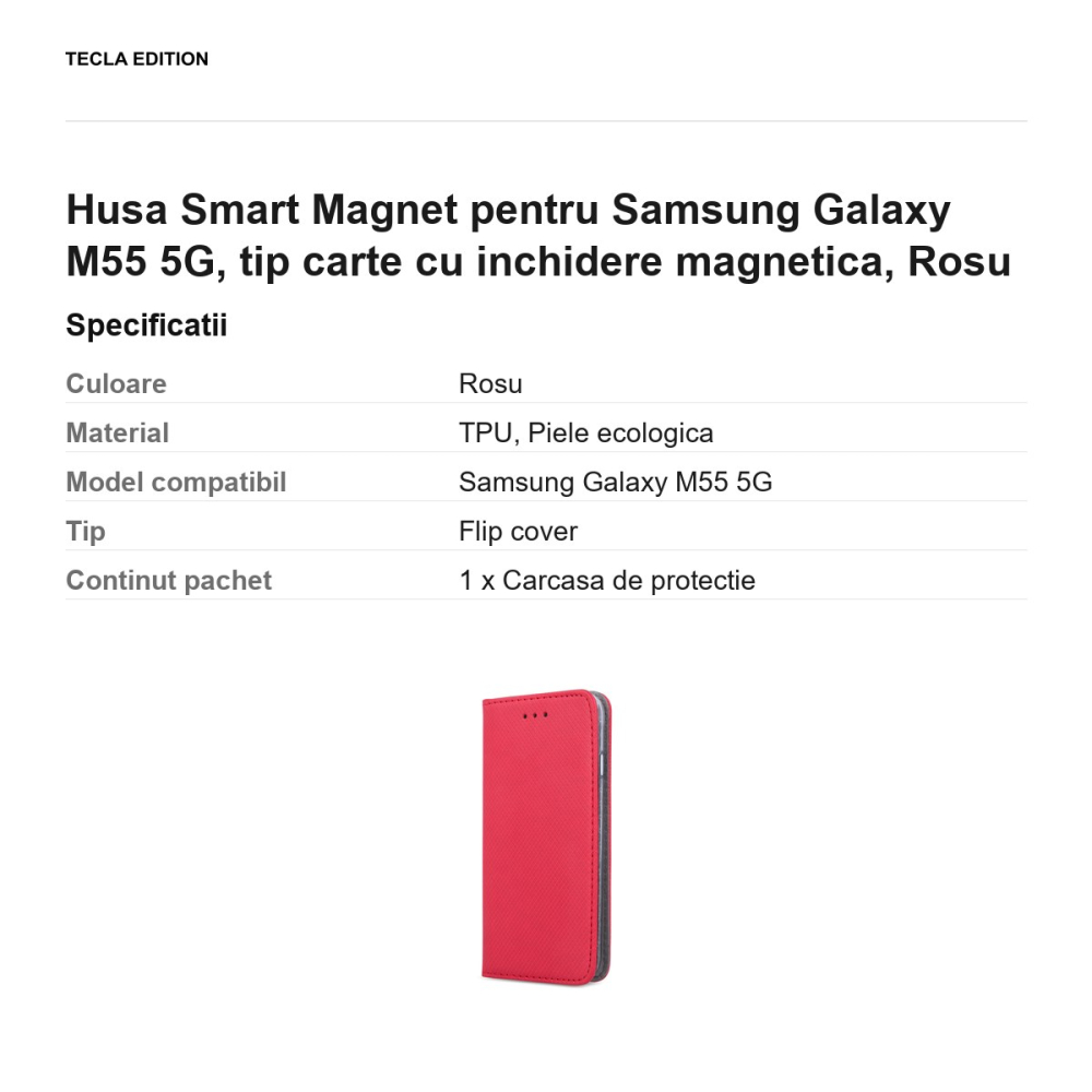Husa Smart Magnet pentru Samsung Galaxy M55 5G, tip carte cu inchidere magnetica, Rosu [3]
