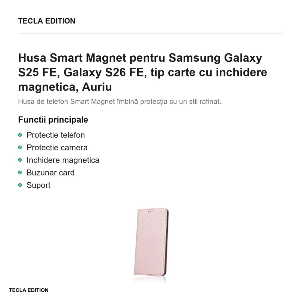 Husa Smart Magnet pentru Samsung Galaxy S25 FE, Galaxy S26 FE, tip carte cu inchidere magnetica, Auriu [2]