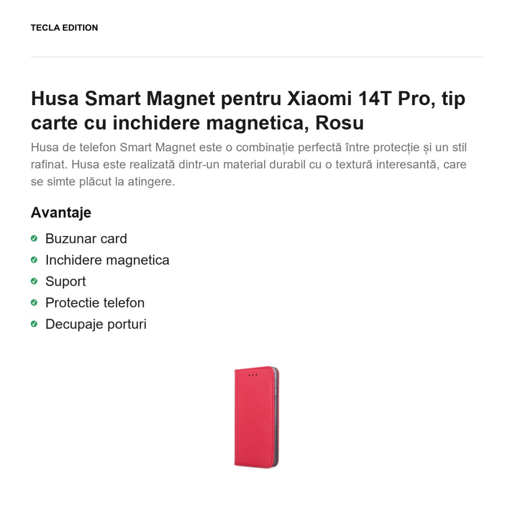 Husa Smart Magnet pentru Xiaomi 14T Pro, tip carte cu inchidere magnetica, Rosu [2]