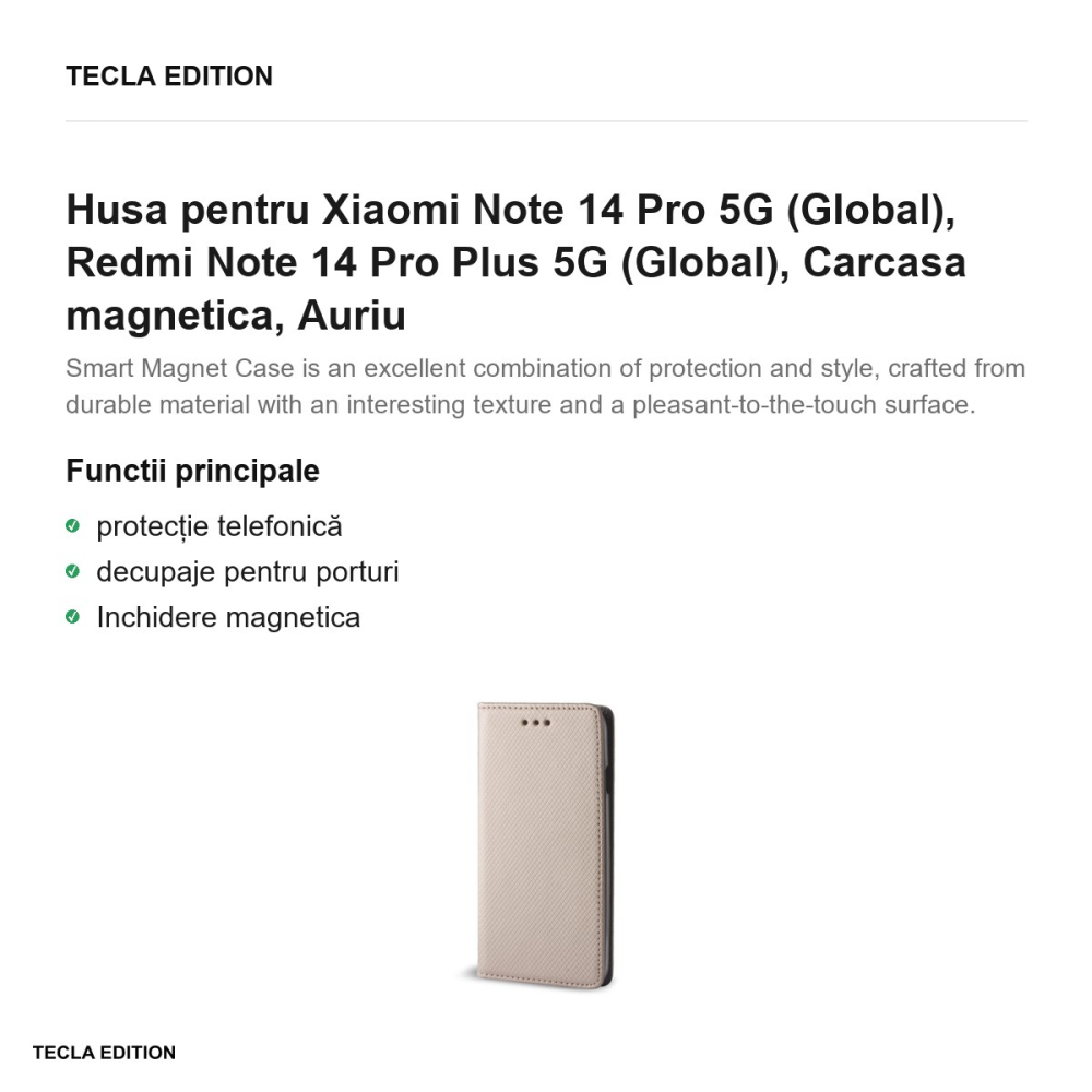 Husa Smart Magnet pentru Xiaomi Note 14 Pro 5G (Global), Redmi Note 14 Pro Plus 5G (Global), tip carte cu inchidere magnetica, Auriu [2]