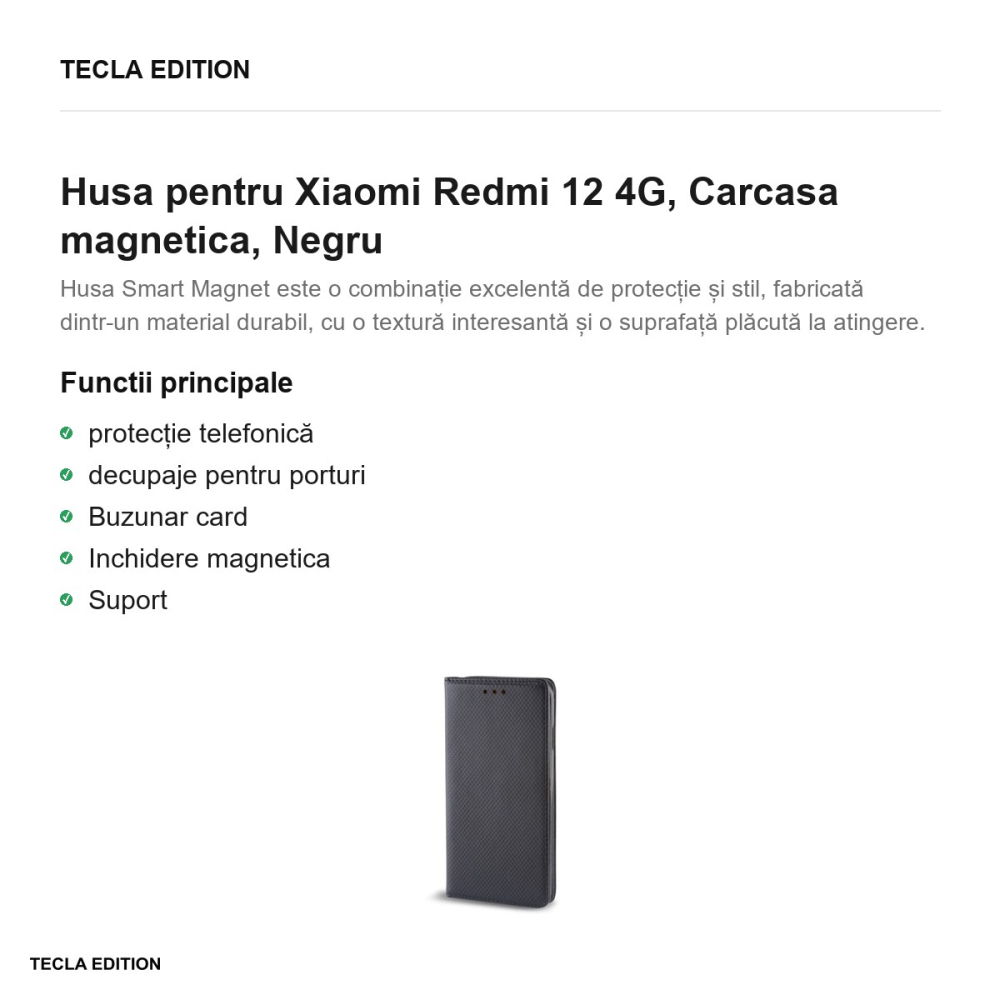 Husa Smart Magnet pentru Xiaomi Redmi 12 4G, tip carte cu inchidere magnetica, Negru [2]