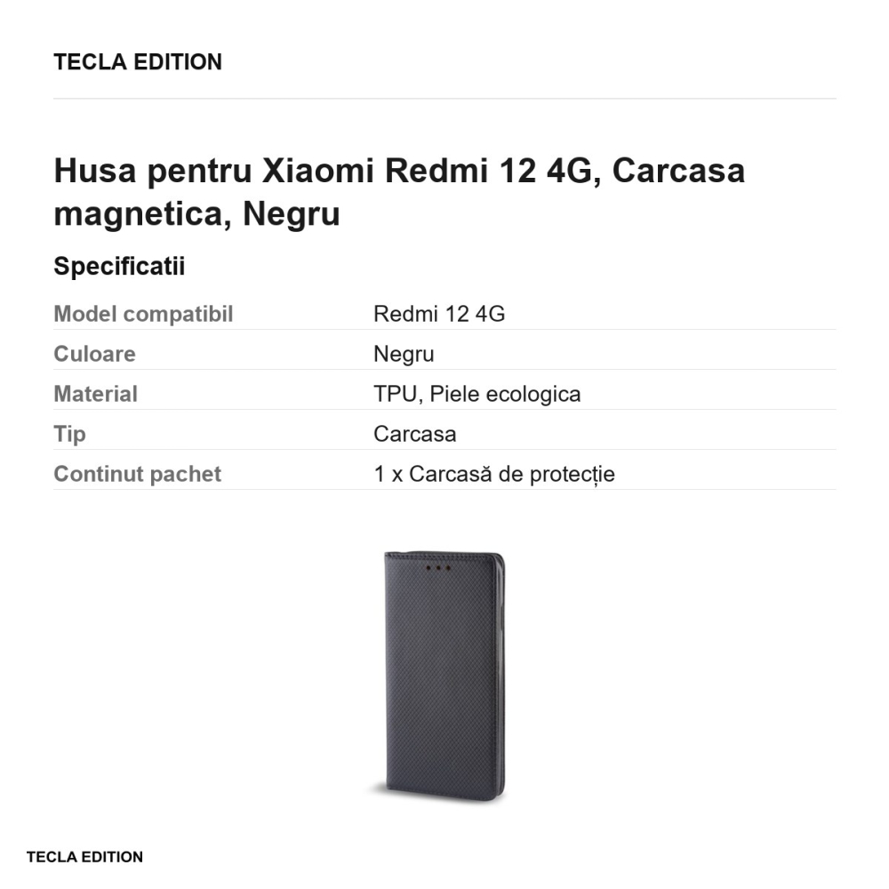 Husa Smart Magnet pentru Xiaomi Redmi 12 4G, tip carte cu inchidere magnetica, Negru [3]