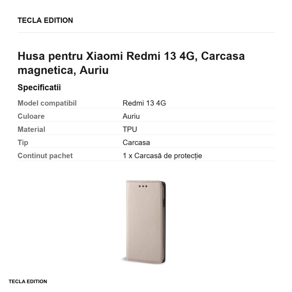 Husa Smart Magnet pentru Xiaomi Redmi 13 4G, tip carte cu inchidere magnetica, Auriu [3]