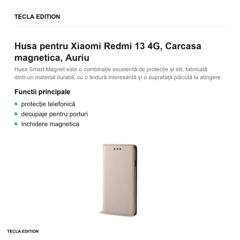 Husa Smart Magnet pentru Xiaomi Redmi 13 4G, tip carte cu inchidere magnetica, Auriu [2]