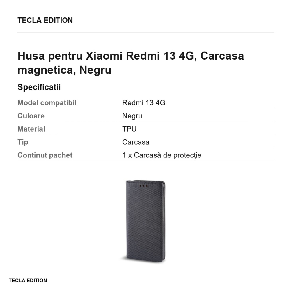 Husa Smart Magnet pentru Xiaomi Redmi 13 4G, tip carte cu inchidere magnetica, Negru [3]
