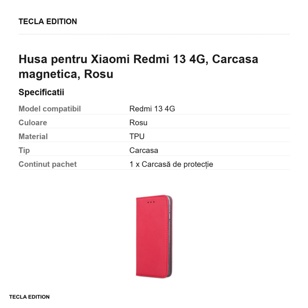 Husa Smart Magnet pentru Xiaomi Redmi 13 4G, tip carte cu inchidere magnetica, Rosu [3]