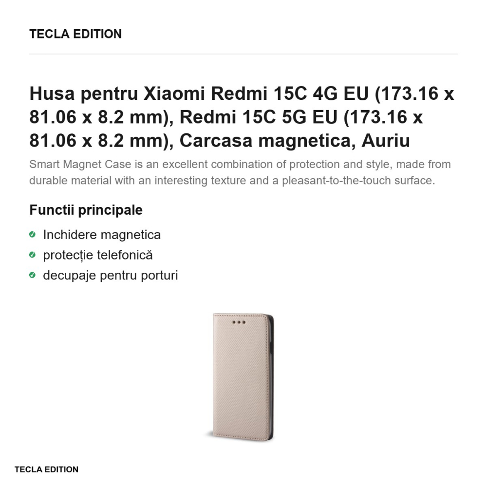 Husa Smart Magnet pentru Xiaomi Redmi 15C 4G EU, Redmi 15C 5G EU, tip carte cu inchidere magnetica, Auriu [2]