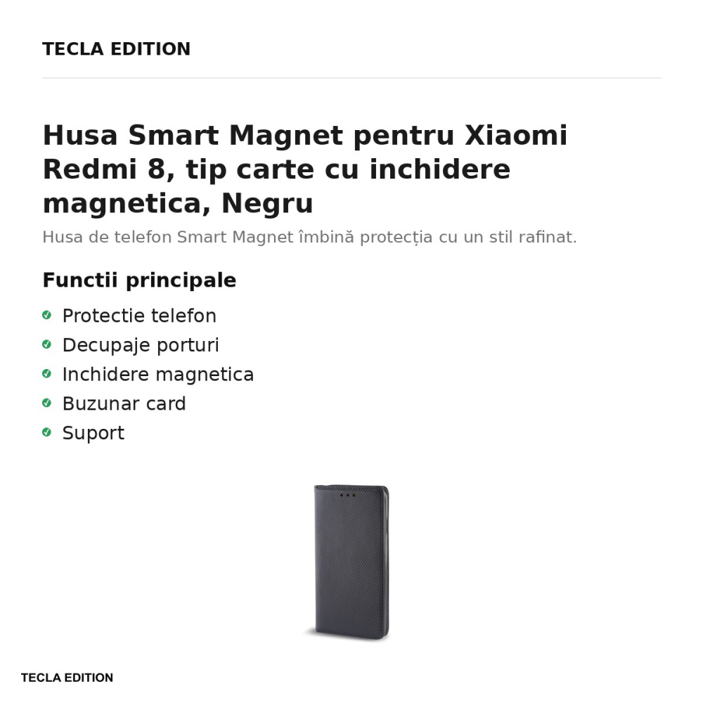 Husa Smart Magnet pentru Xiaomi Redmi 8, tip carte cu inchidere magnetica, Negru [2]