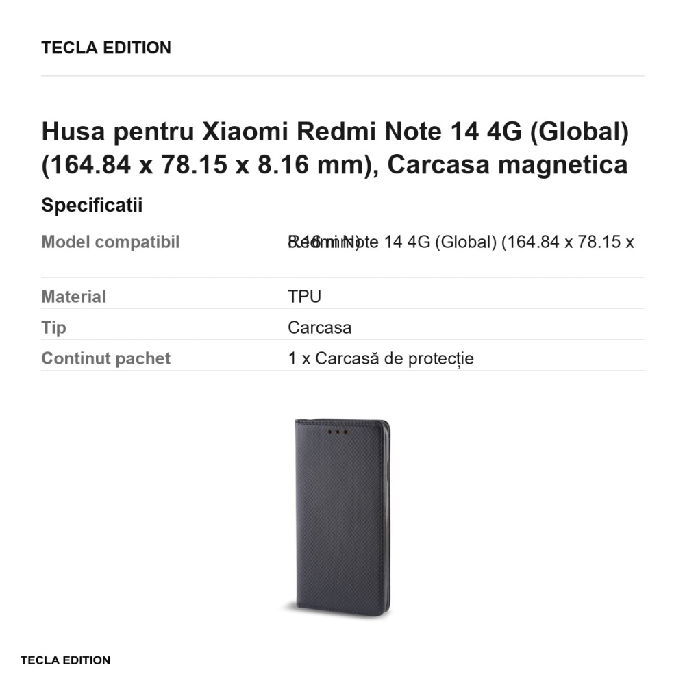 Husa Smart Magnet pentru Xiaomi Redmi Note 14 4G (Global), tip carte cu inchidere magnetica, Negru [3]