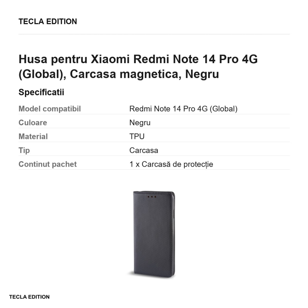 Husa Smart Magnet pentru Xiaomi Redmi Note 14 Pro 4G (Global), tip carte cu inchidere magnetica, Negru [3]