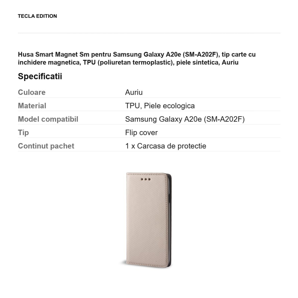 Husa Smart Magnet Sm pentru Samsung Galaxy A20e (SM-A202F), tip carte cu inchidere magnetica, TPU (poliuretan termoplastic), piele sintetica, Auriu [3]
