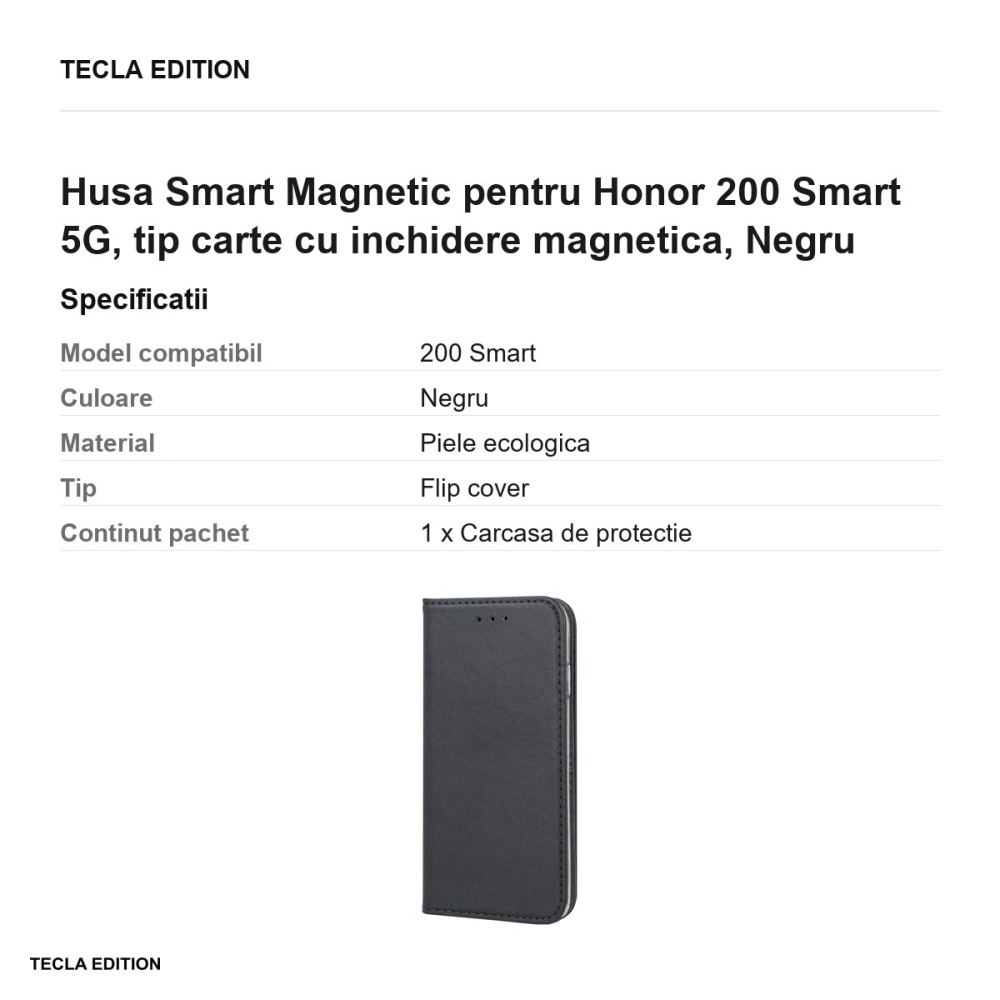 Husa Smart Magnetic pentru Honor 200 Smart 5G, tip carte cu inchidere magnetica, Negru [3]