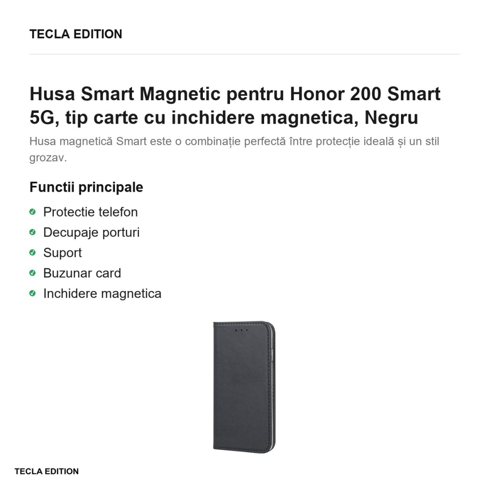 Husa Smart Magnetic pentru Honor 200 Smart 5G, tip carte cu inchidere magnetica, Negru [2]
