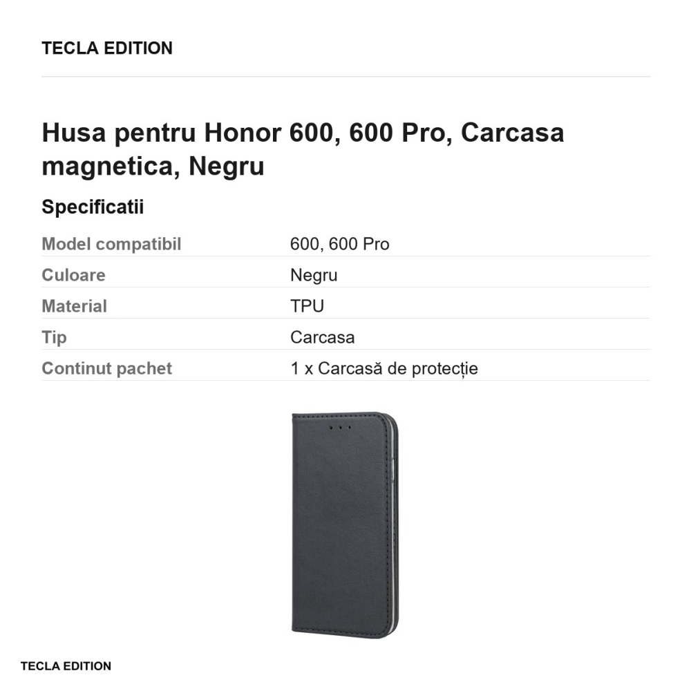 Husa Smart Magnetic pentru Honor 600, 600 Pro, tip carte cu inchidere magnetica, Negru [3]