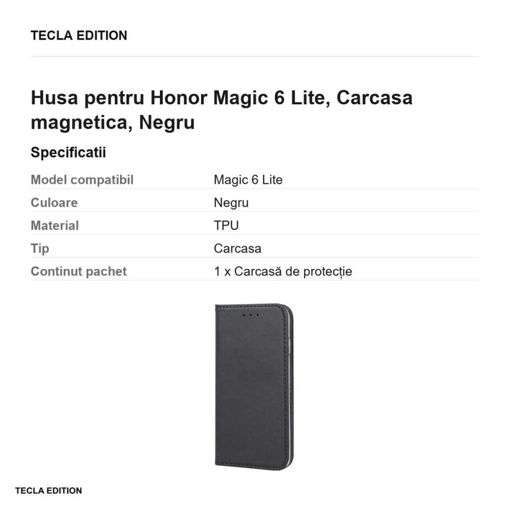 Husa Smart Magnetic pentru Honor Magic 6 Lite, tip carte cu inchidere magnetica, Negru [3]