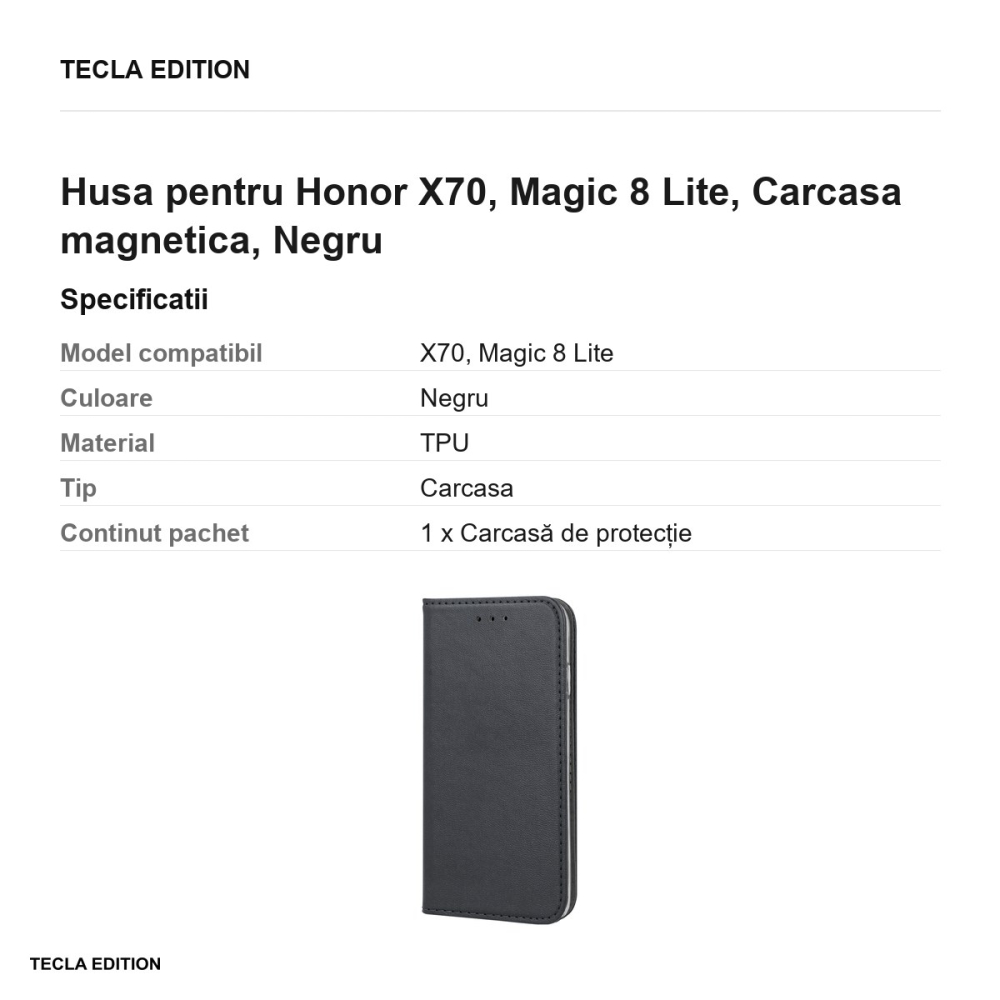 Husa Smart Magnetic pentru Honor X70, Magic 8 Lite, tip carte cu inchidere magnetica, Negru [3]