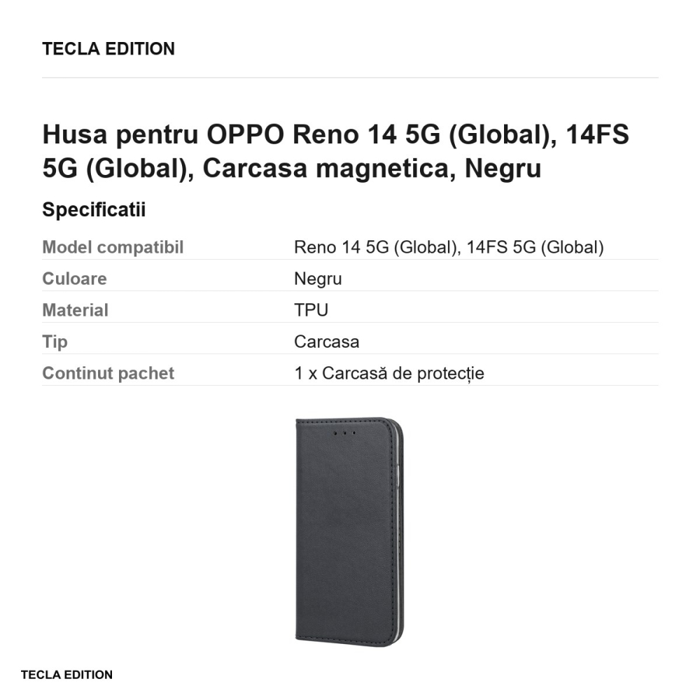 Husa Smart Magnetic pentru OPPO Reno 14 5G (Global), 14FS 5G (Global), tip carte cu inchidere magnetica, Negru [3]