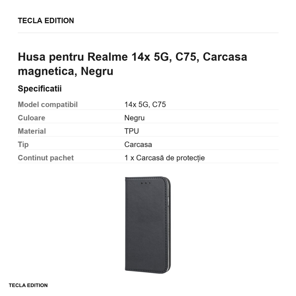 Husa Smart Magnetic pentru Realme 14x 5G, C75, tip carte cu inchidere magnetica, Negru [3]