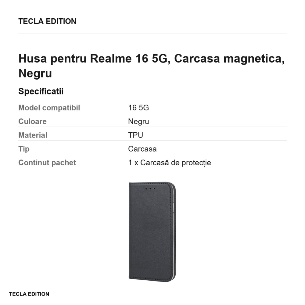 Husa Smart Magnetic pentru Realme 16 5G, tip carte cu inchidere magnetica, Negru [3]