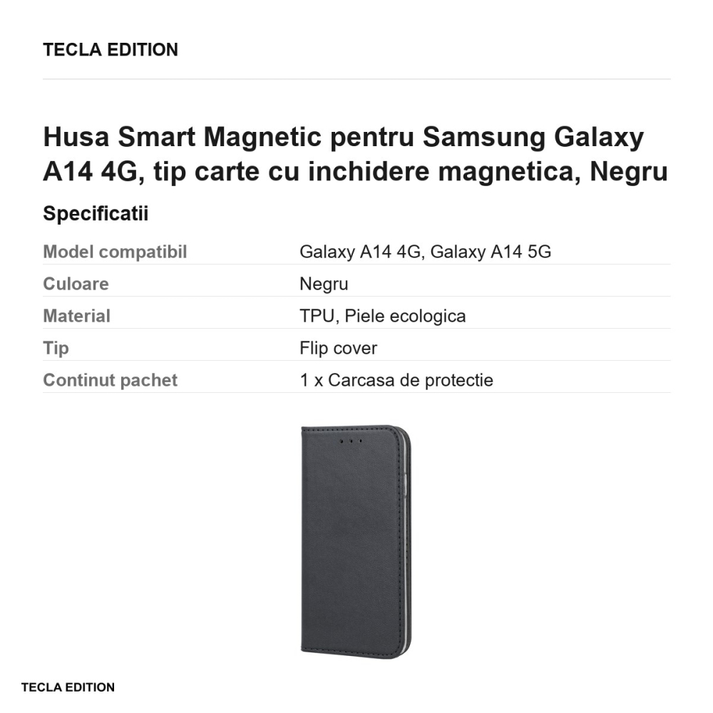 Husa Smart Magnetic pentru Samsung Galaxy A14 4G, tip carte cu inchidere magnetica, Negru [3]