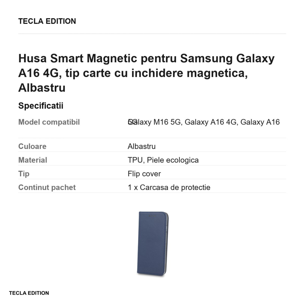 Husa Smart Magnetic pentru Samsung Galaxy A16 4G, tip carte cu inchidere magnetica, Albastru [3]