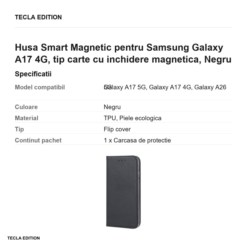 Husa Smart Magnetic pentru Samsung Galaxy A17 4G, tip carte cu inchidere magnetica, Negru [3]