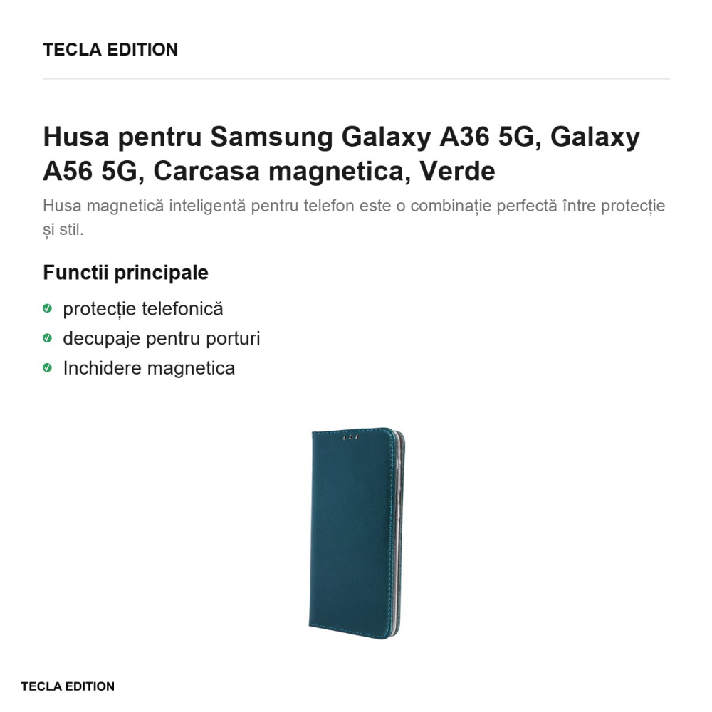 Husa Smart Magnetic pentru Samsung Galaxy A36 5G, Galaxy A56 5G, tip carte cu inchidere magnetica, Verde [2]