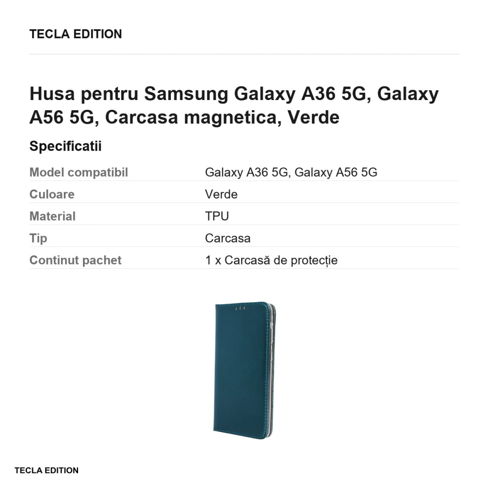 Husa Smart Magnetic pentru Samsung Galaxy A36 5G, Galaxy A56 5G, tip carte cu inchidere magnetica, Verde [3]