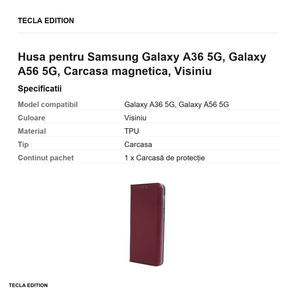 Husa Smart Magnetic pentru Samsung Galaxy A36 5G, Galaxy A56 5G, tip carte cu inchidere magnetica, Visiniu [3]