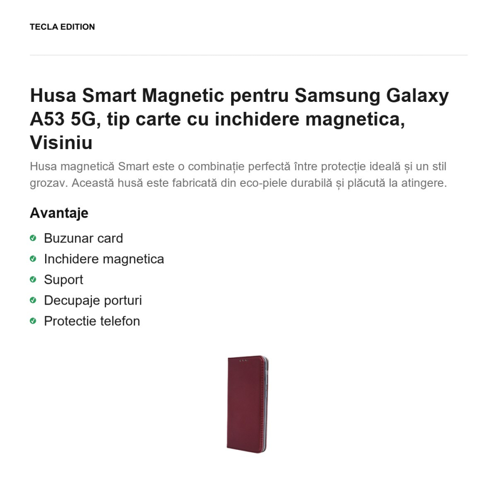 Husa Smart Magnetic pentru Samsung Galaxy A53 5G, tip carte cu inchidere magnetica, Visiniu [2]