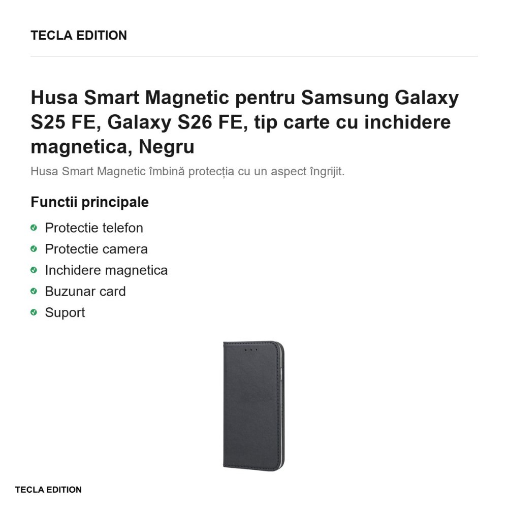 Husa Smart Magnetic pentru Samsung Galaxy S25 FE, Galaxy S26 FE, tip carte cu inchidere magnetica, Negru [2]
