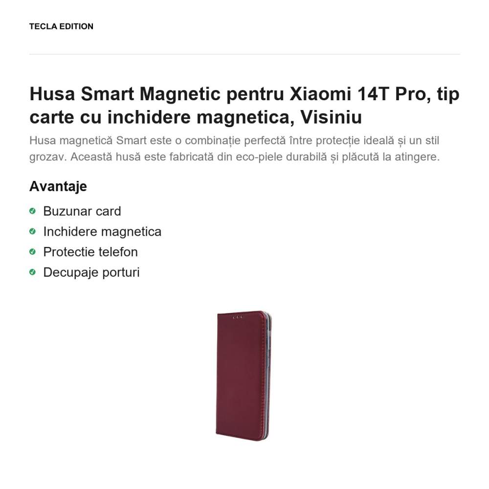 Husa Smart Magnetic pentru Xiaomi 14T Pro, tip carte cu inchidere magnetica, Visiniu [2]