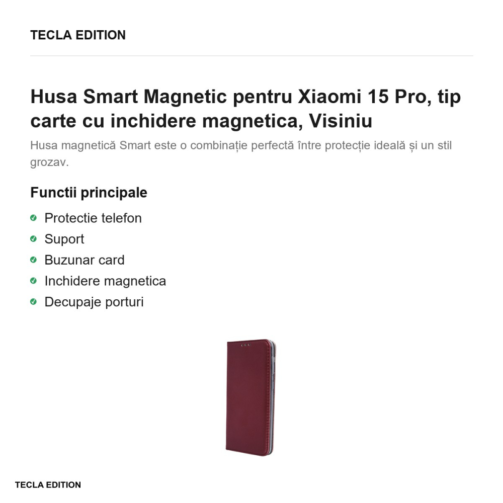 Husa Smart Magnetic pentru Xiaomi 15 Pro, tip carte cu inchidere magnetica, Visiniu [2]