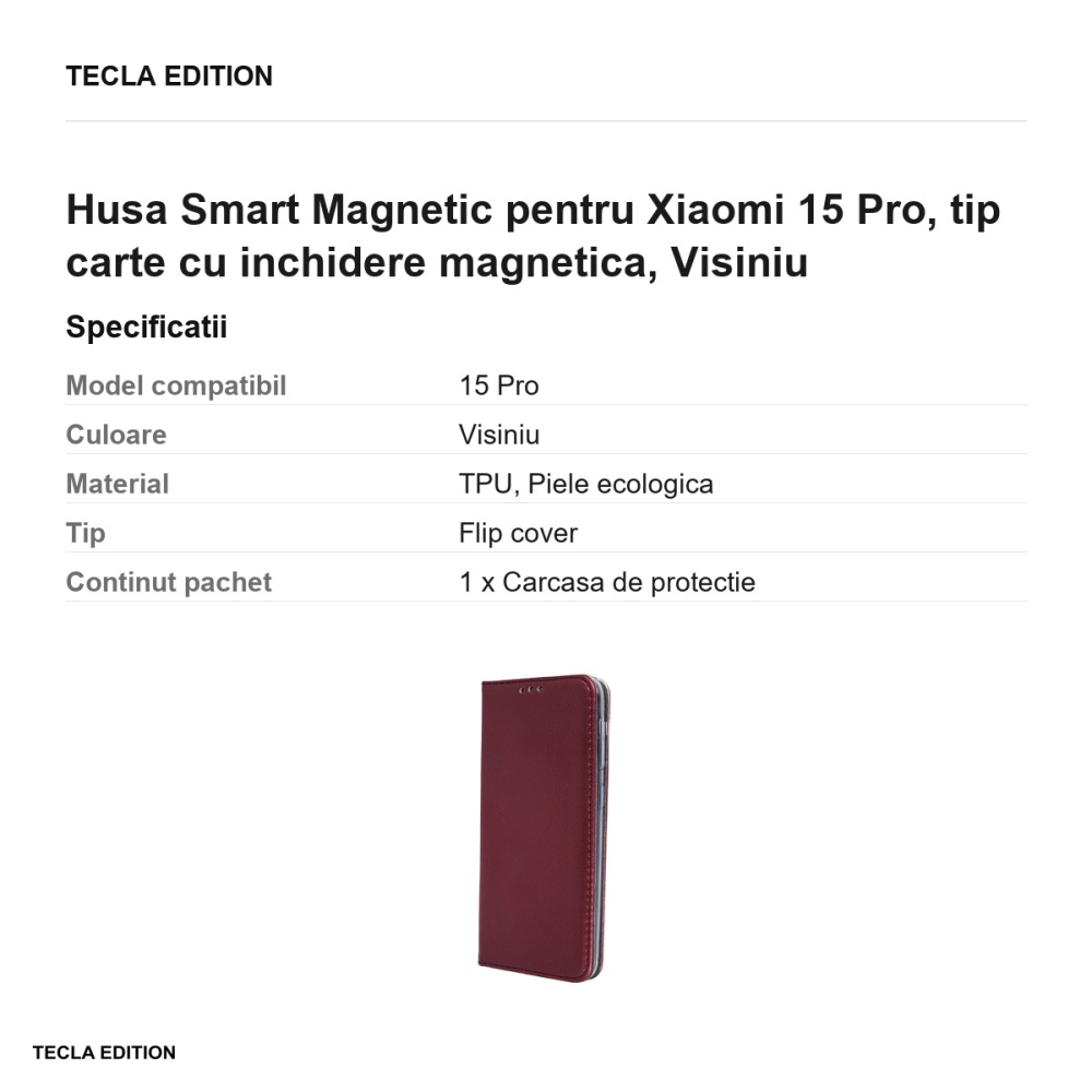 Husa Smart Magnetic pentru Xiaomi 15 Pro, tip carte cu inchidere magnetica, Visiniu [3]