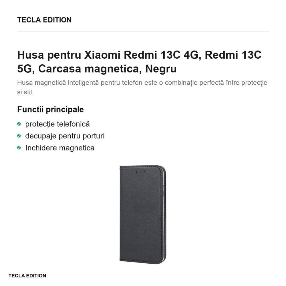 Husa Smart Magnetic pentru Xiaomi Redmi 13C 4G, Redmi 13C 5G, tip carte cu inchidere magnetica, Negru [2]