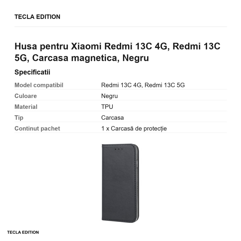 Husa Smart Magnetic pentru Xiaomi Redmi 13C 4G, Redmi 13C 5G, tip carte cu inchidere magnetica, Negru [3]