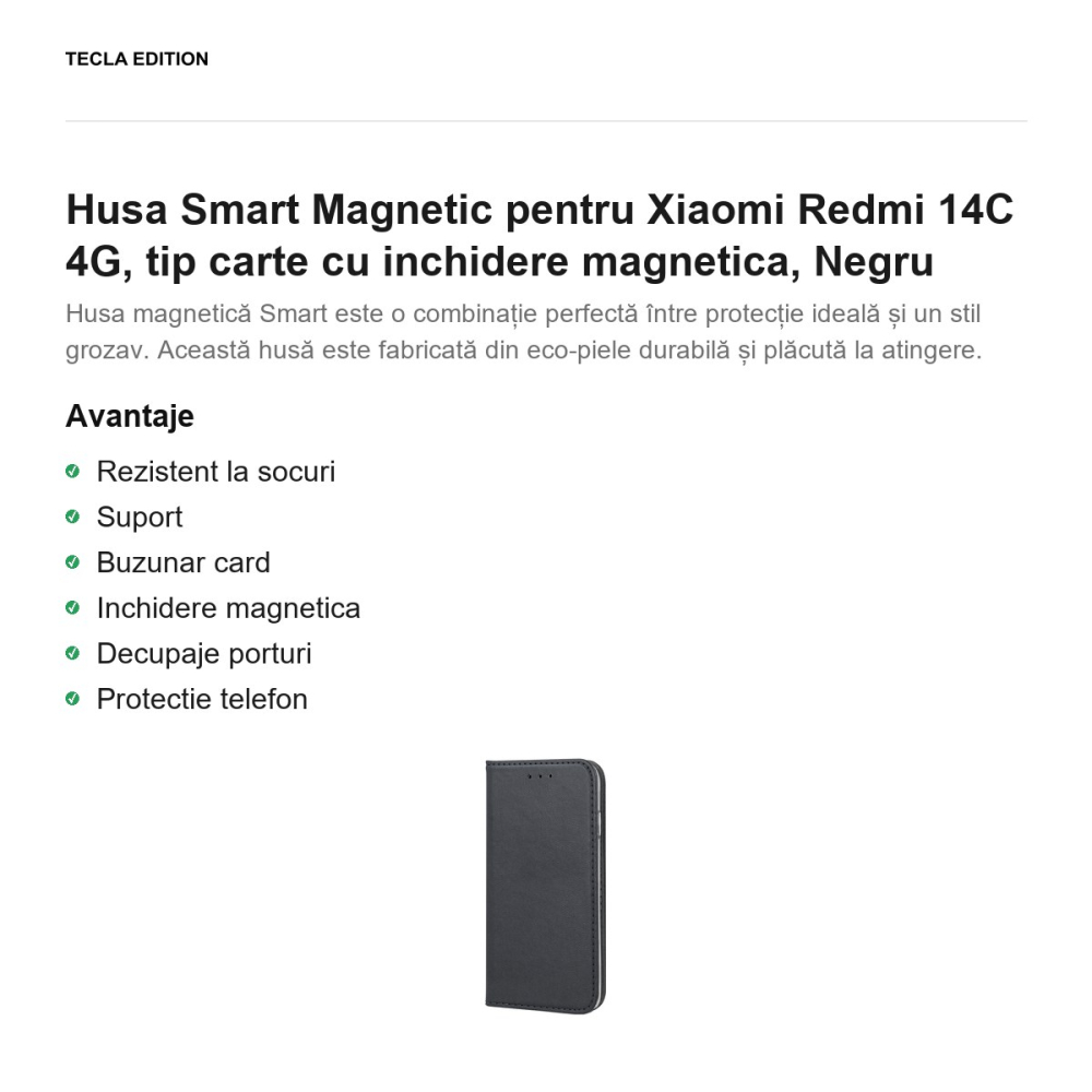 Husa Smart Magnetic pentru Xiaomi Redmi 14C 4G, tip carte cu inchidere magnetica, Negru [2]