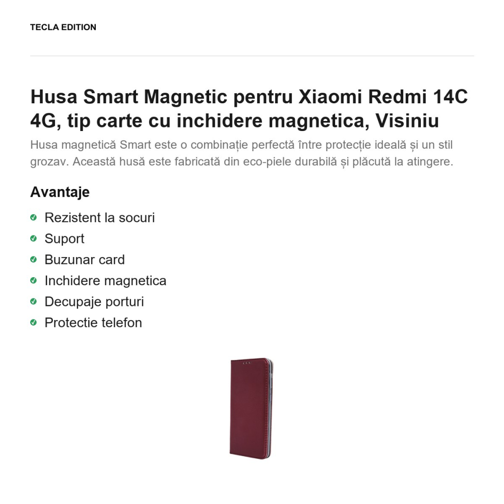 Husa Smart Magnetic pentru Xiaomi Redmi 14C 4G, tip carte cu inchidere magnetica, Visiniu [2]