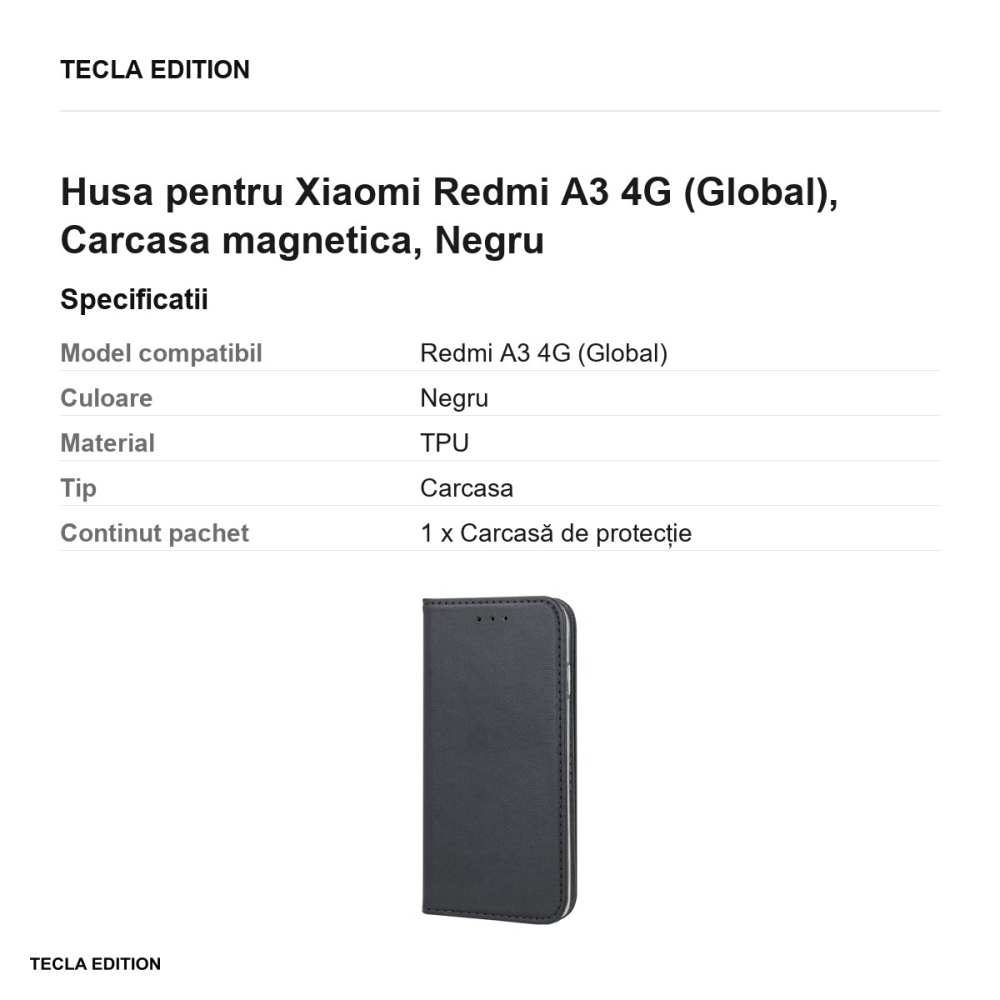 Husa Smart Magnetic pentru Xiaomi Redmi A3 4G (Global), tip carte cu inchidere magnetica, Negru [3]