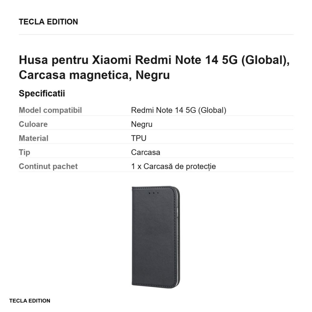 Husa Smart Magnetic pentru Xiaomi Redmi Note 14 5G (Global), tip carte cu inchidere magnetica, Negru [3]
