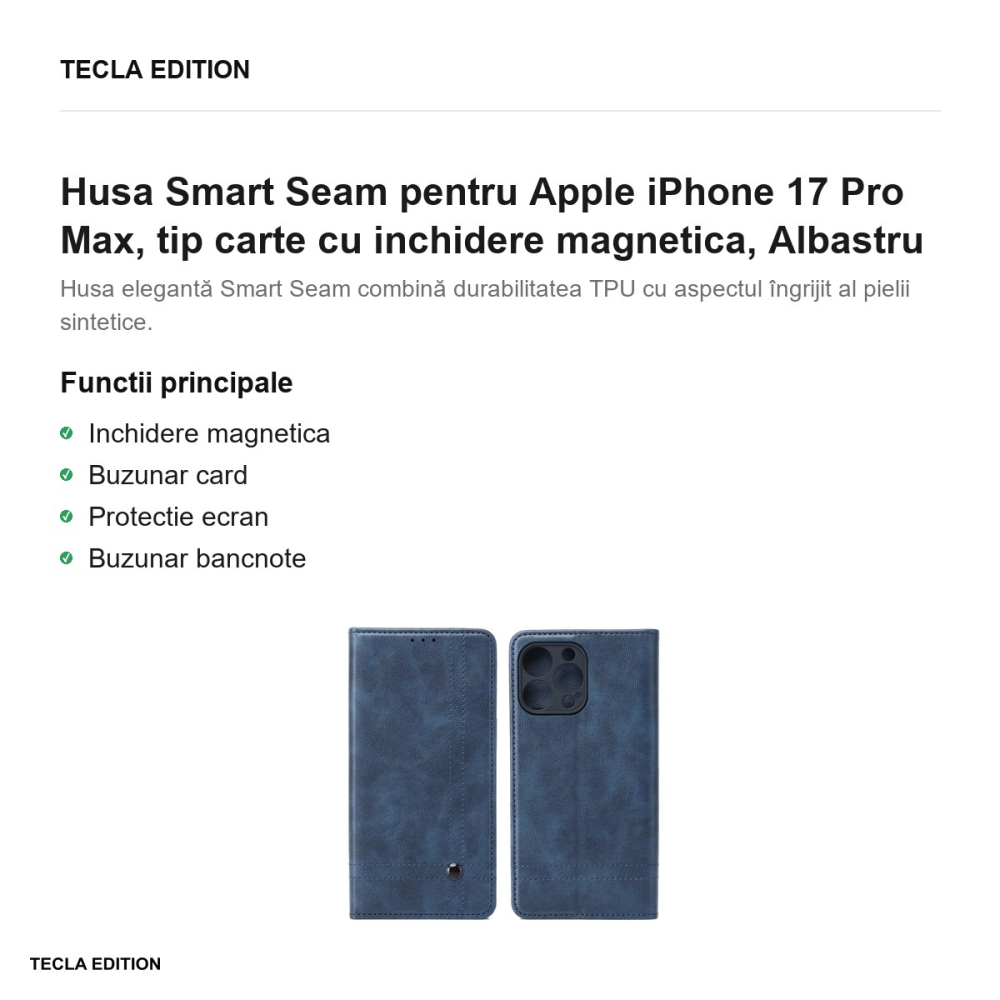 Husa Smart Seam pentru Apple iPhone 17 Pro Max, tip carte cu inchidere magnetica, Albastru [2]