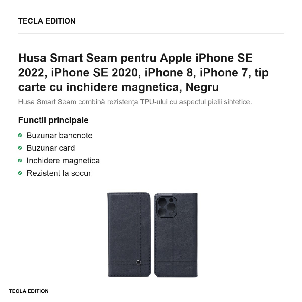 Husa Smart Seam pentru Apple iPhone SE 2022, iPhone SE 2020, iPhone 8, iPhone 7, tip carte cu inchidere magnetica, Negru [2]