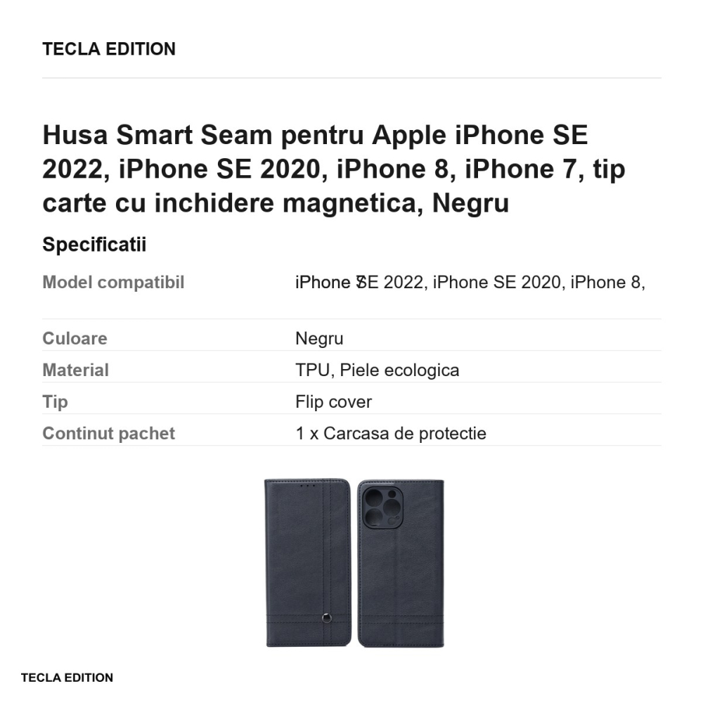 Husa Smart Seam pentru Apple iPhone SE 2022, iPhone SE 2020, iPhone 8, iPhone 7, tip carte cu inchidere magnetica, Negru [3]